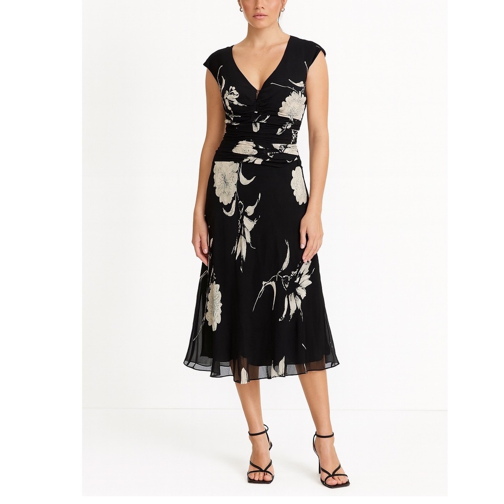 Silk Jones New York Black Floral Ruched Midi Dress‎ Y2K